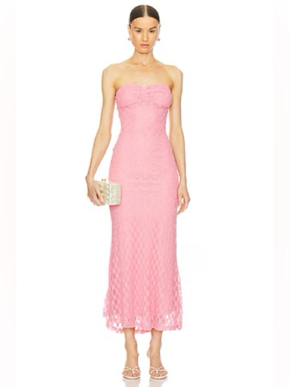 Bardot Pink Strapless Lace Midi Dress